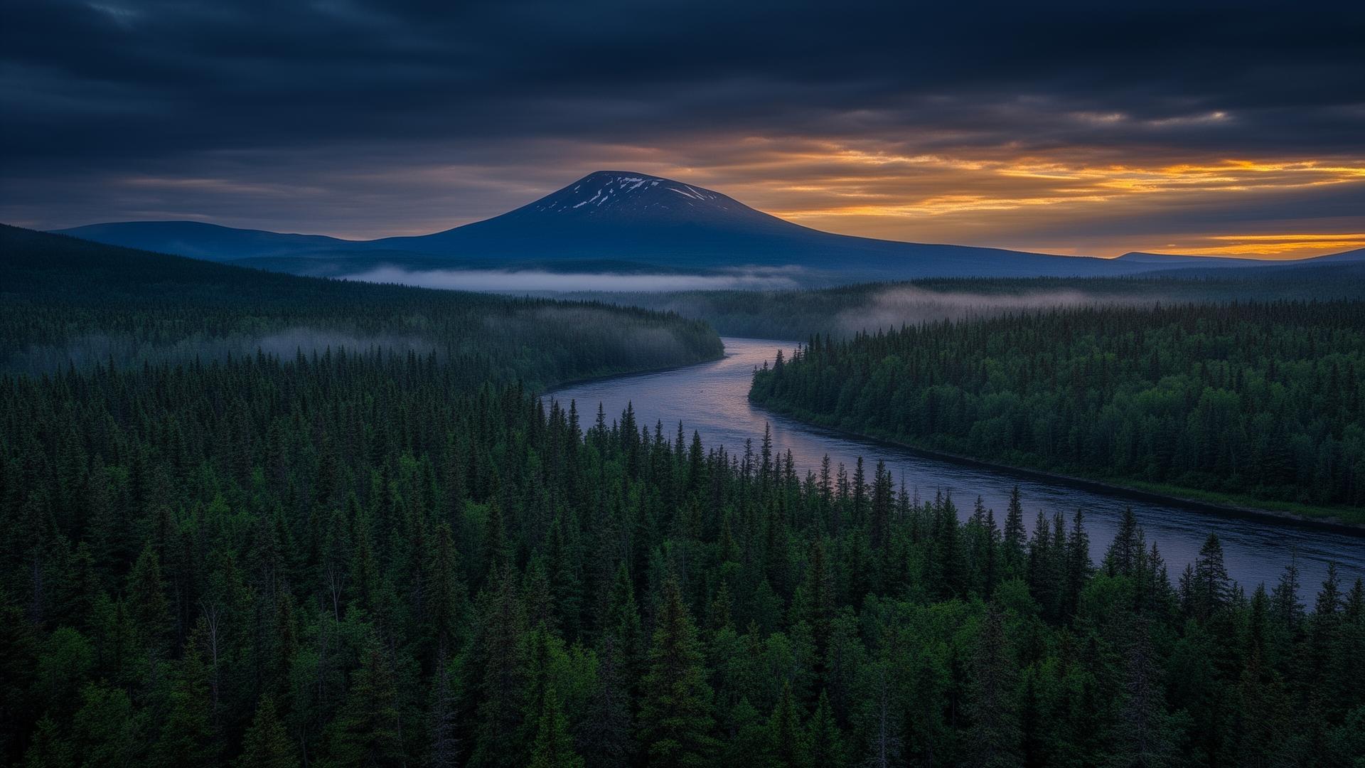 River cutting through northern Maine forest at dawn with Mount Katahdin in the distance
